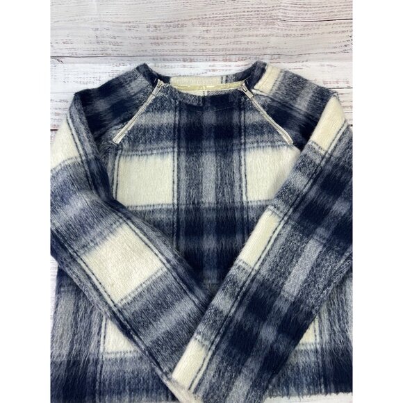 Abercrombie Fitch Soft AF XS Fuzzy Blue Plaid Sweater Zipper Shoulders Preppy - Picture 8 of 11